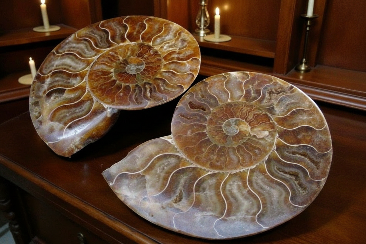 Two polished ammonite fossil plates displayed on a dark wooden cabinet with lit candles in the background. The plates show intricate spiral patterns in shades of brown, tan, and cream.