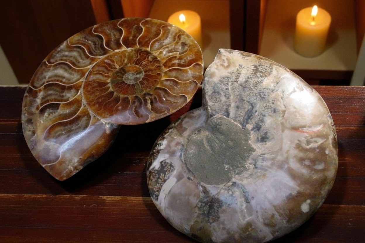 Two polished ammonite fossils displayed on a wooden surface, with lit candles in the background. 