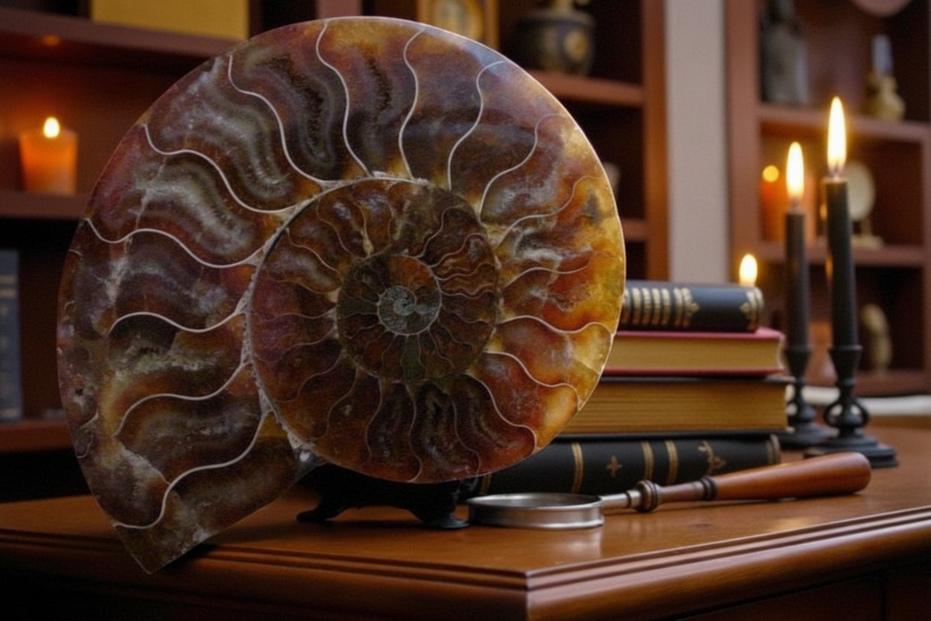 A large polished ammonite fossil shell displayed on a wooden table in a warm, vintage-style room with books and lit candles. The shell has intricate brown, orange, and beige crystalline patterns.