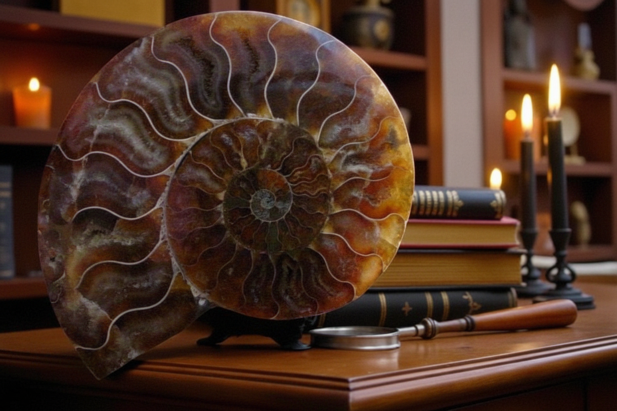 A large polished ammonite fossil shell displayed on a wooden table in a warm, vintage-style room with books and lit candles. The shell has intricate brown, orange, and beige crystalline patterns.