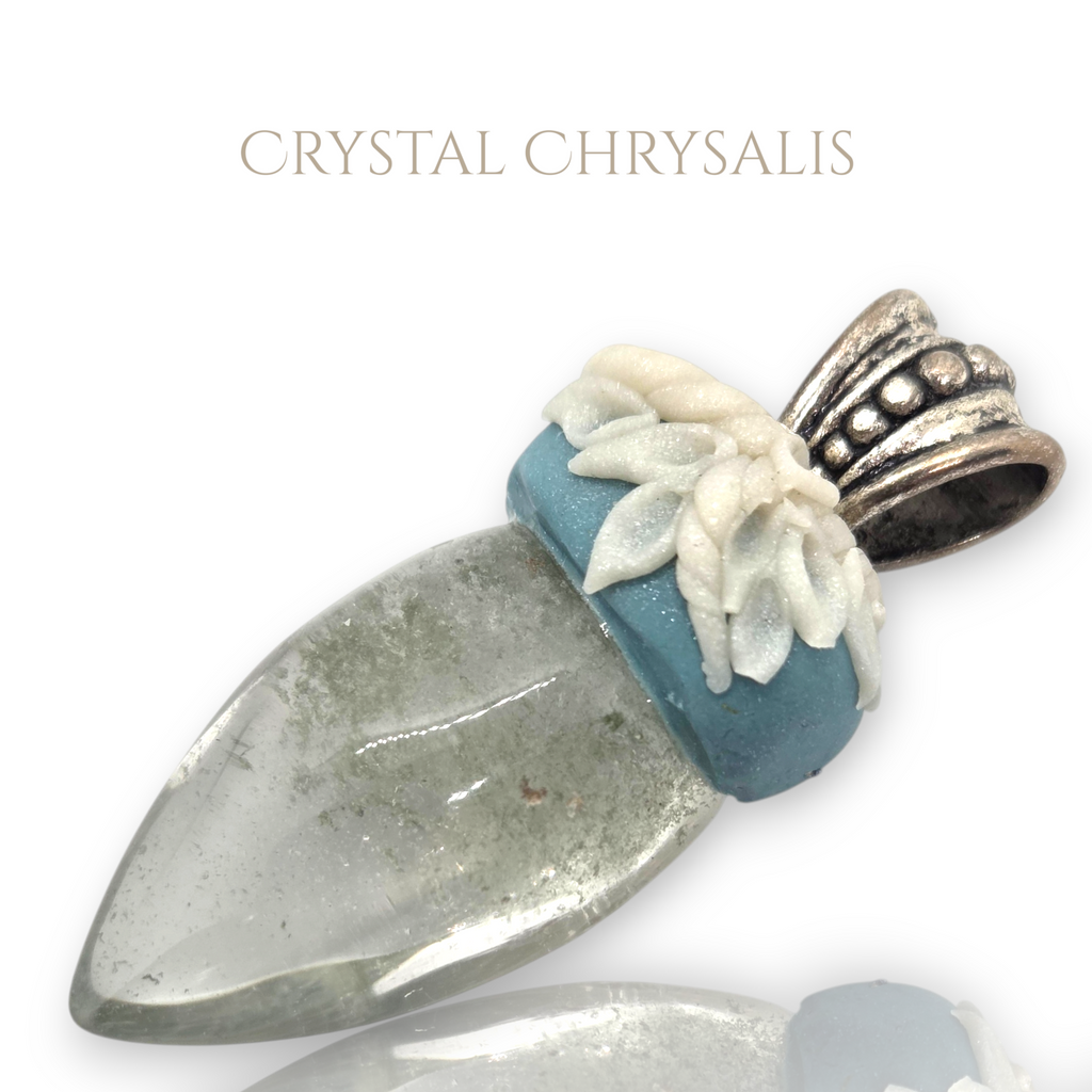OOAK Silver Natural Green Ghost Quartz Crystal Pendant Necklace