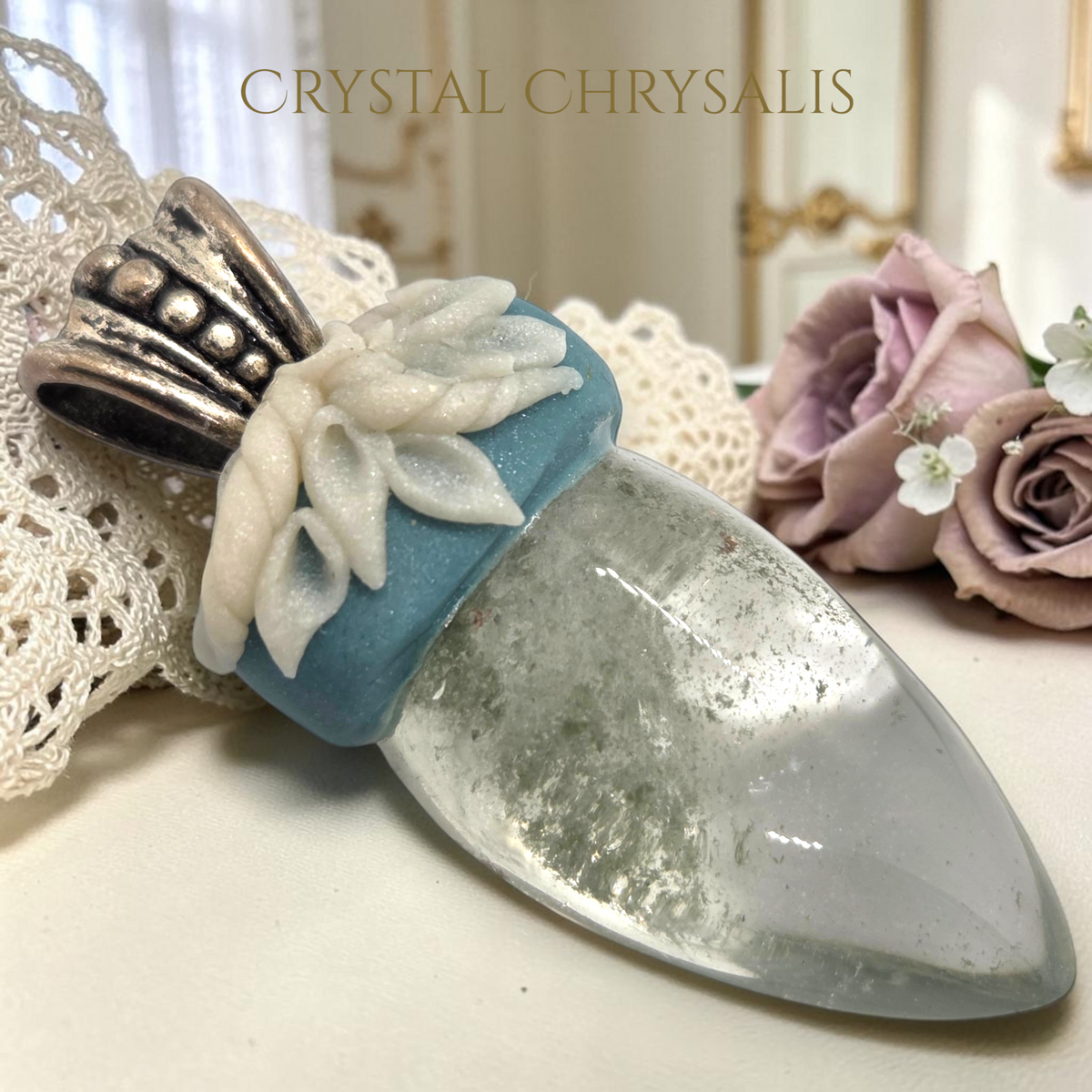 OOAK Silver Natural Green Ghost Quartz Crystal Pendant Necklace