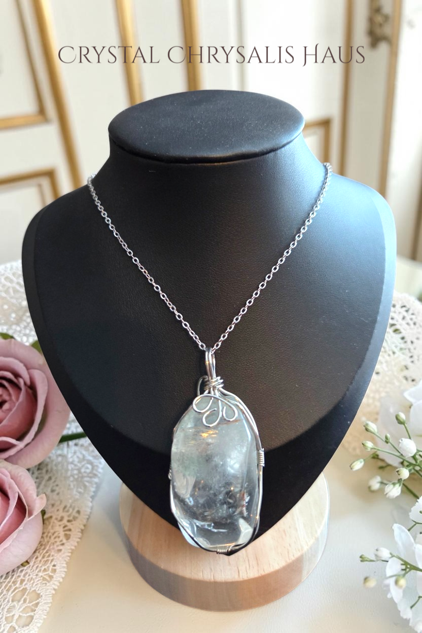 Hand Crafted Silver Wire Wrap Natural Polished Crystal Lodalite - Inner Scene Stone Pendant