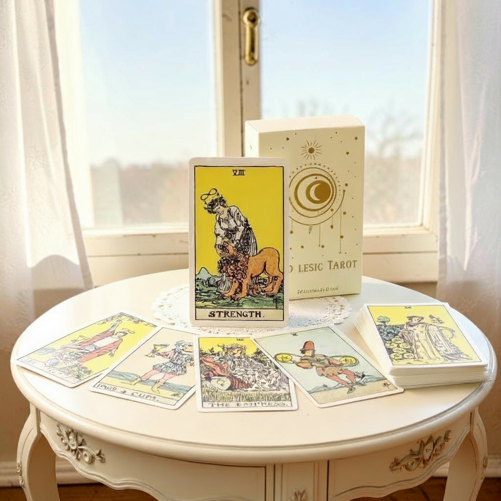 A boxed tarot card deck and several illustrated tarot cards are arranged on a round cream table in front of a window. The front card reads "STRENGTH," and the box shows a crescent moon and stars with the text "COSMIC LENS TAROT.