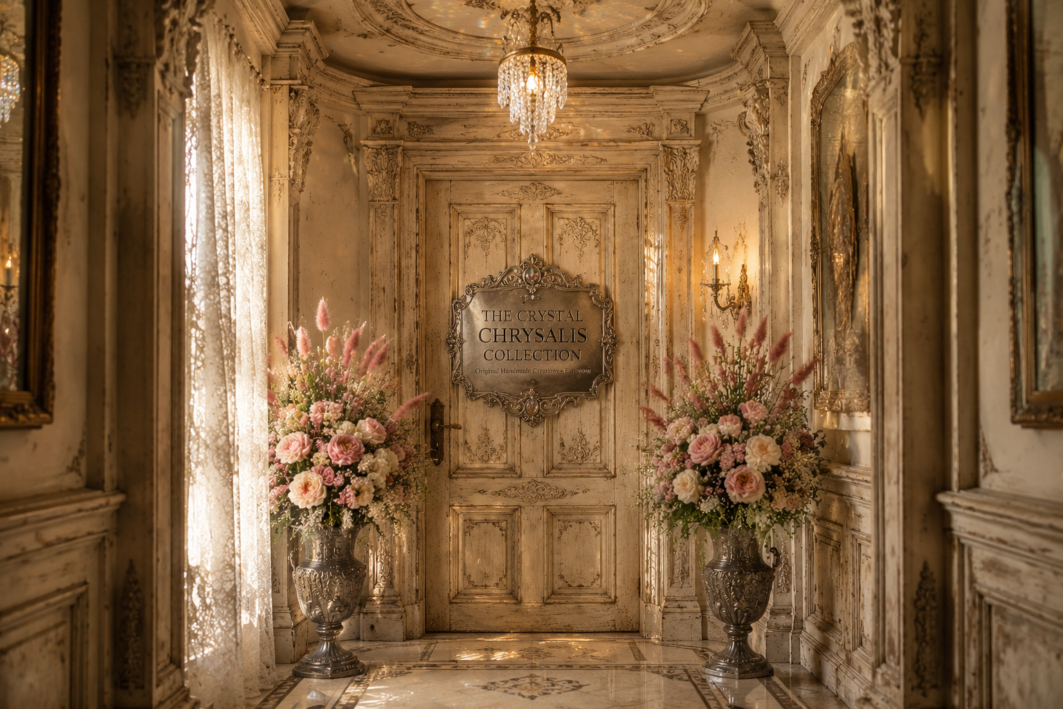 An ornate, warmly lit hallway leads to the Crystal Chrysalis Collection door, flanked by large floral arrangements in decorative urns.