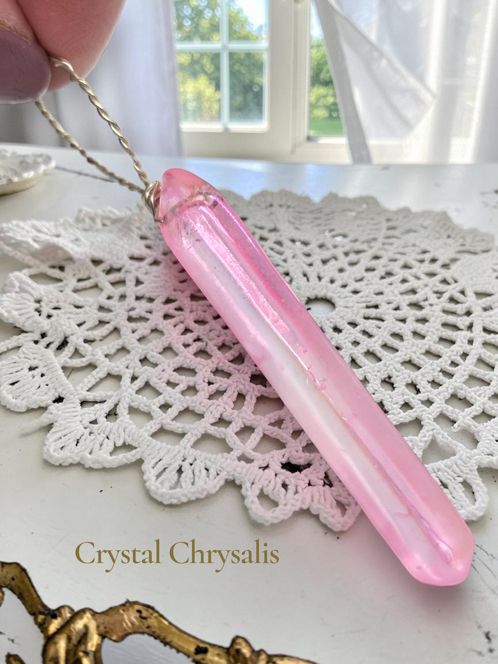 Long Pink Aura Rainbow Quartz Crystal Double Terminated Point Pendant