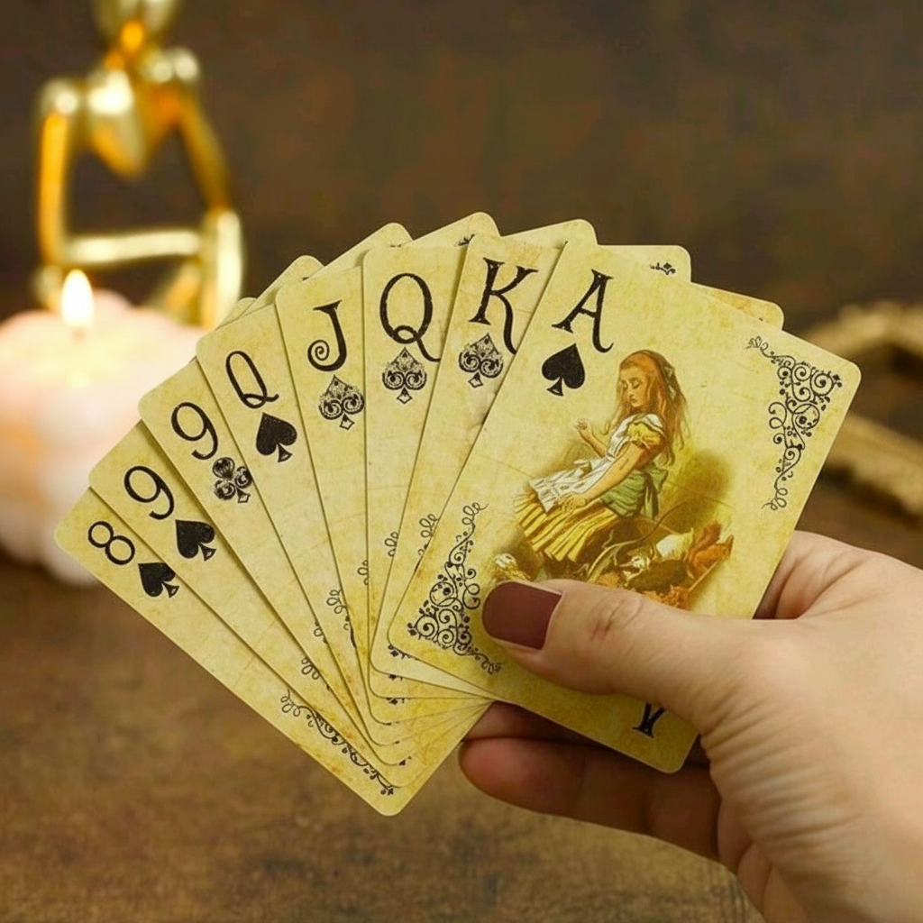 Crystal Chrysalis Haus Hand holding yellow playing cards with decorative design, blurred background