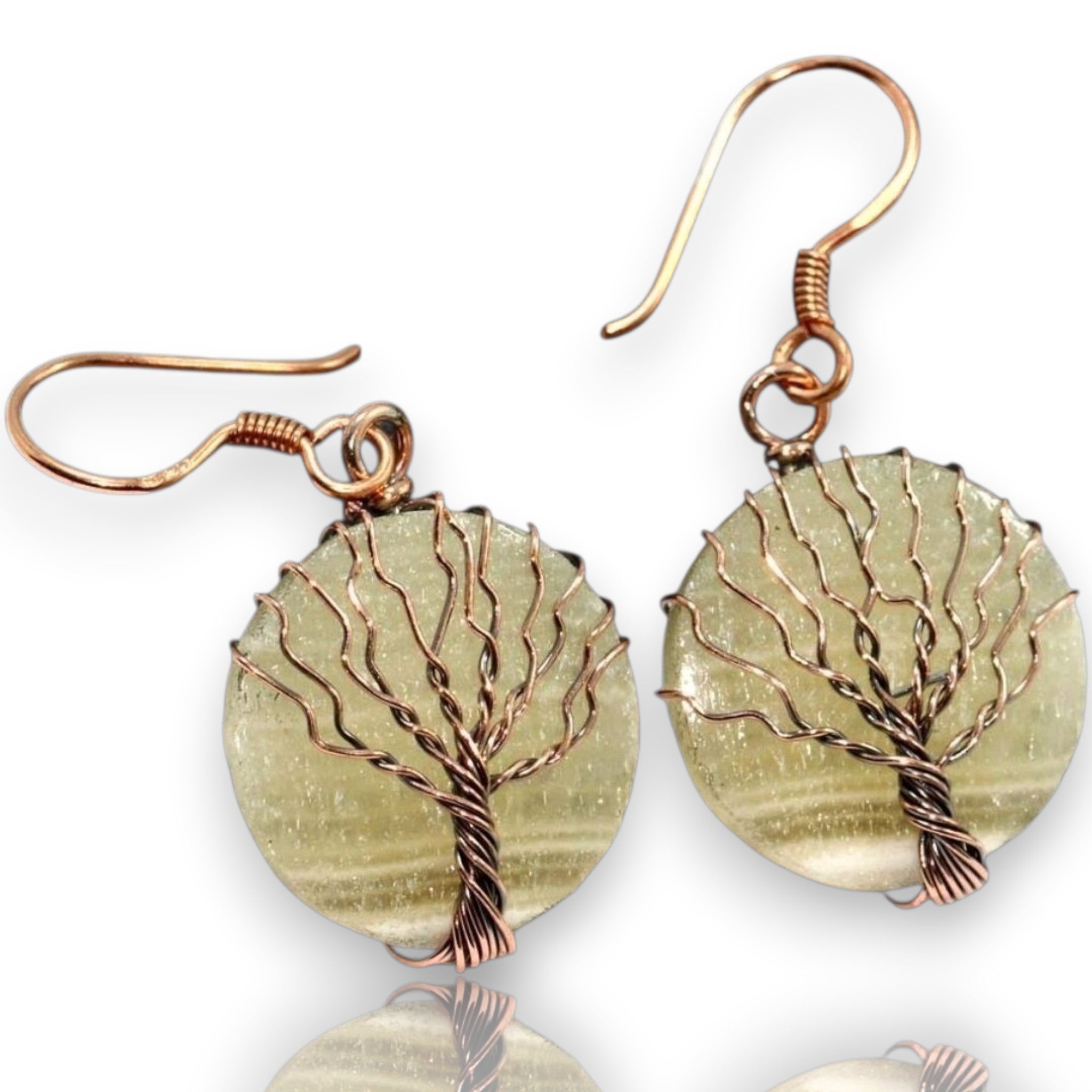 Solid Copper Wire Wrapped Tree of Life Lace Calcite Hook Earrings