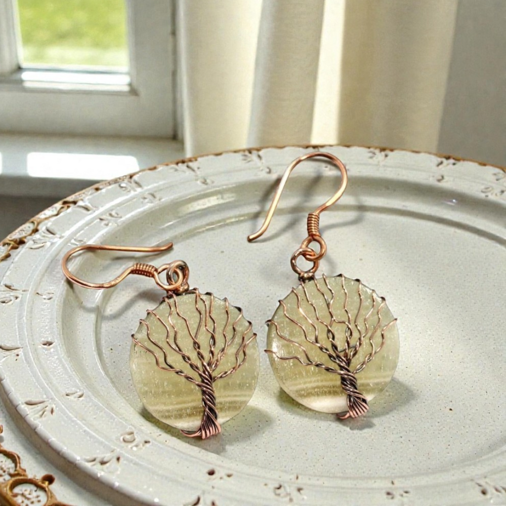 Solid Copper Wire Wrapped Tree of Life Lace Calcite Hook Earrings