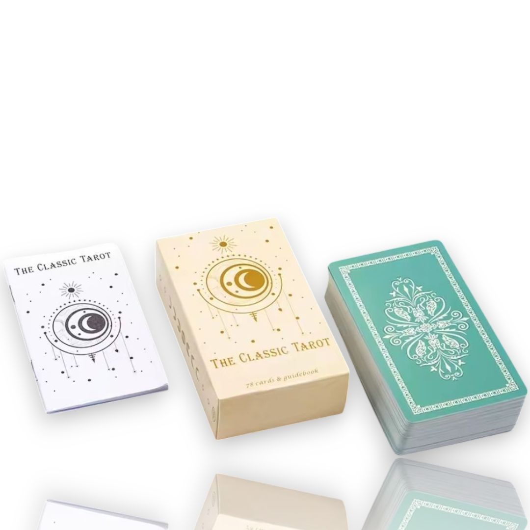 Three tarot card decks and boxes arranged on a white background, with the brand name printed above. The sets include a white deck with black celestial artwork, a cream deck with gold artwork, and a teal deck with a white ornamental design.