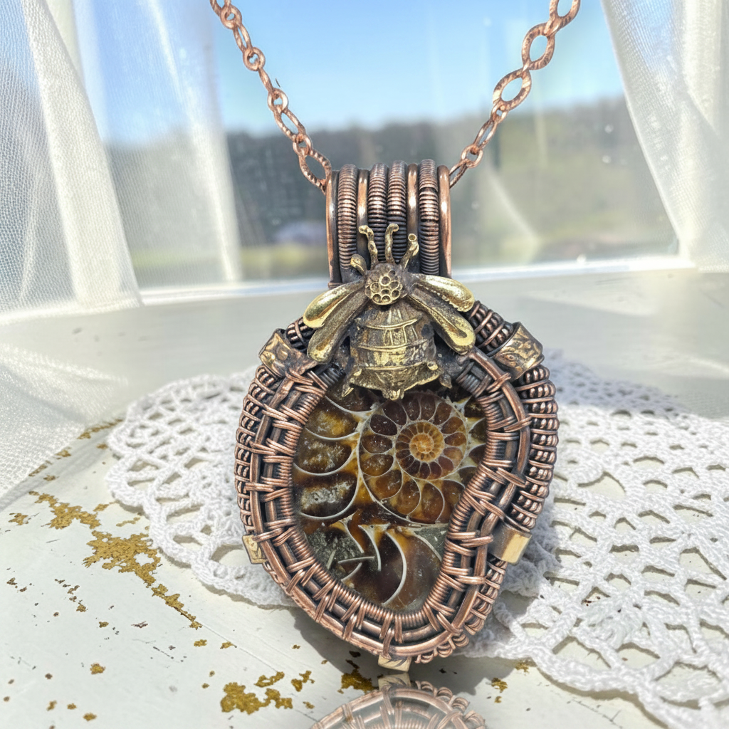 A close-up of a handmade wire-wrapped pendant necklace featuring a fossilized ammonite shell and a small brass bee charm, displayed on a white lace doily in front of a window. 