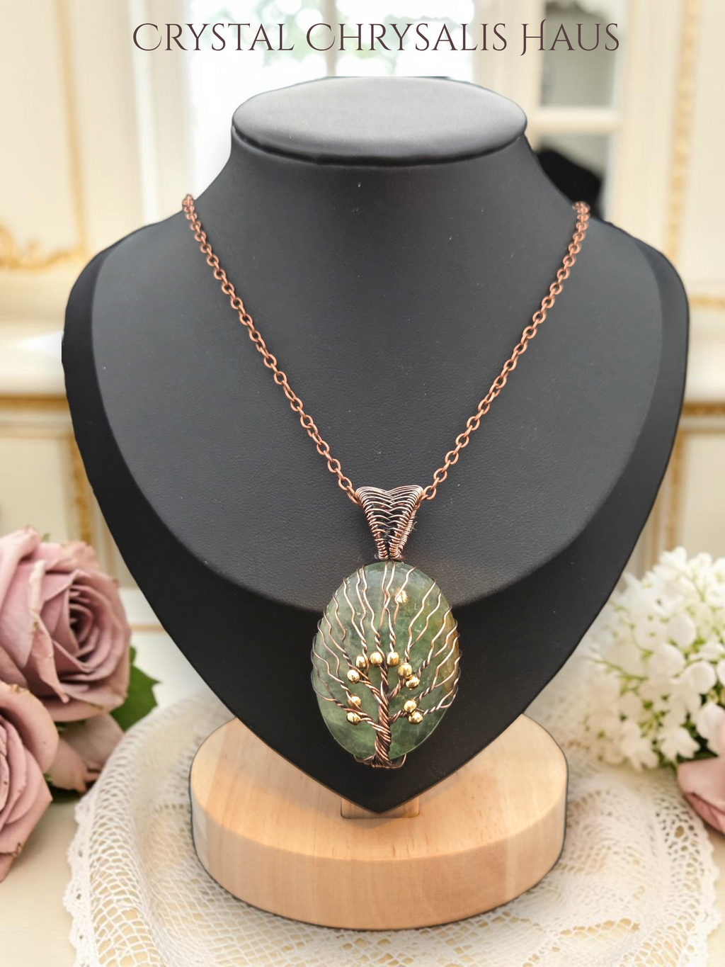 Handcrafted Copper Wire Wrap Tree of Life Natural Green Fluorite Crystal Pendant Necklace