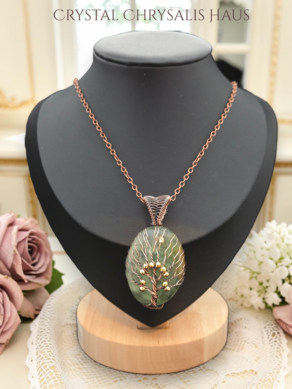 Handcrafted Copper Wire Wrap Tree of Life Natural Green Fluorite Crystal Pendant Necklace