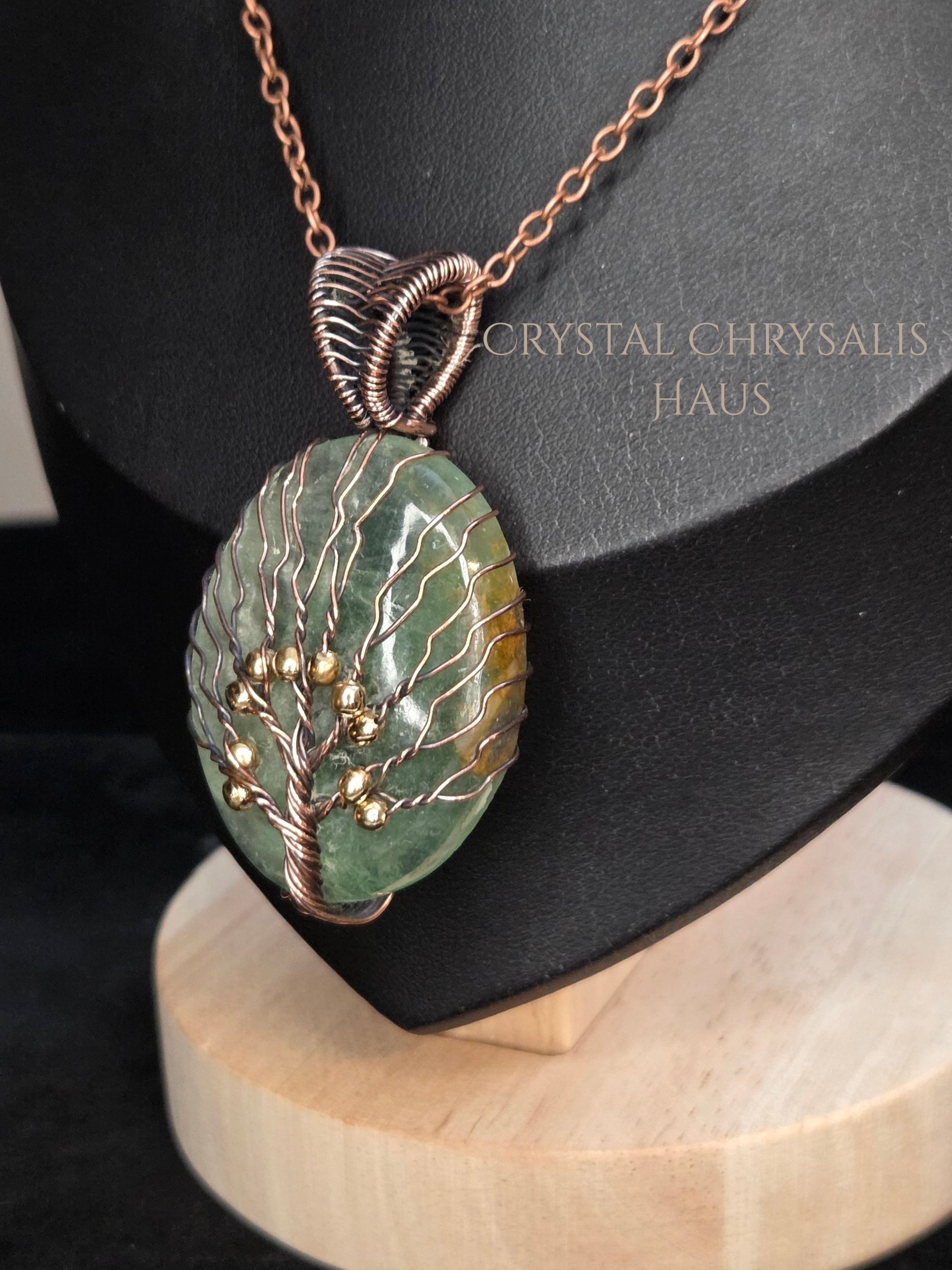 Handcrafted Copper Wire Wrap Tree of Life Natural Green Fluorite Crystal Pendant Necklace