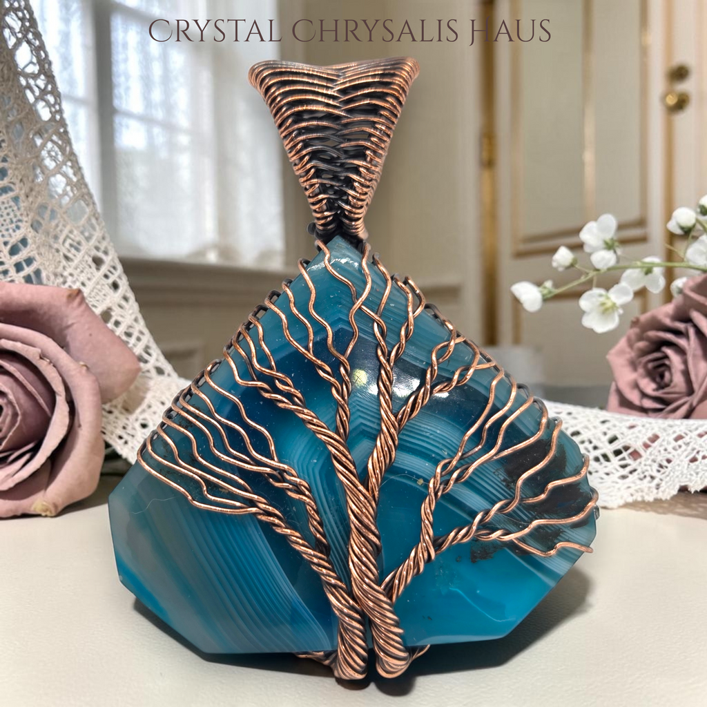 Copper Hand Crafted Wire Wrap Natural Blue Banded Agate Tree of Life Pendant