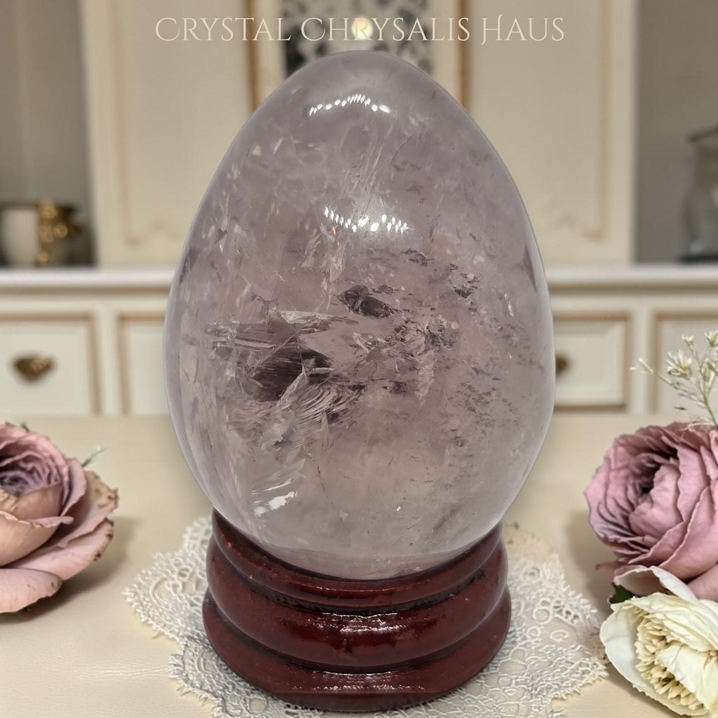 Natural Clear Polished Amethyst Crystal Egg Stone with Rosewood Stand