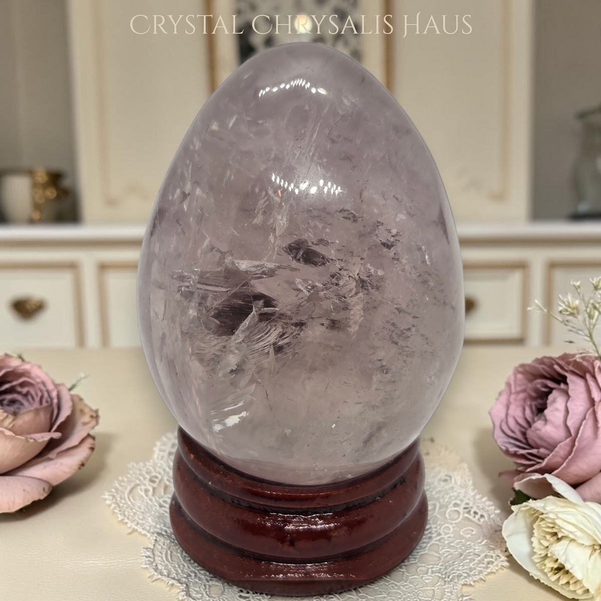 Natural Clear Polished Amethyst Crystal Egg Stone with Rosewood Stand