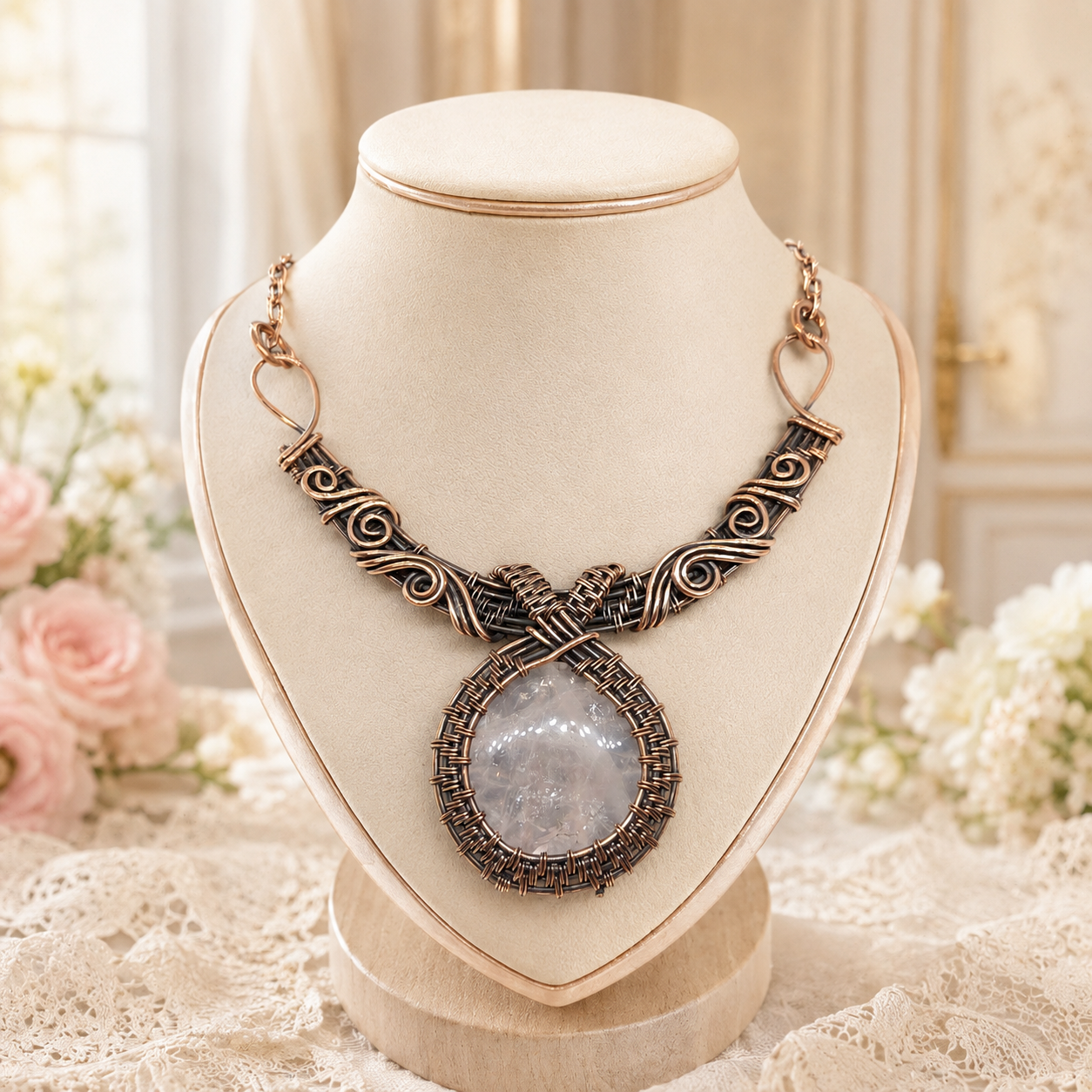 Copper Old World Natural Rose Quartz Wire Wrap Gemstone Necklace