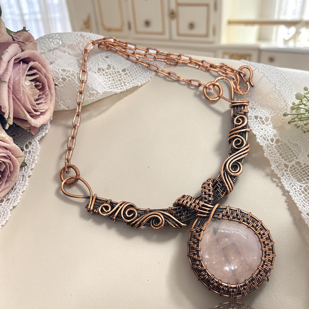 Copper Old World Natural Rose Quartz Wire Wrap Gemstone Necklace