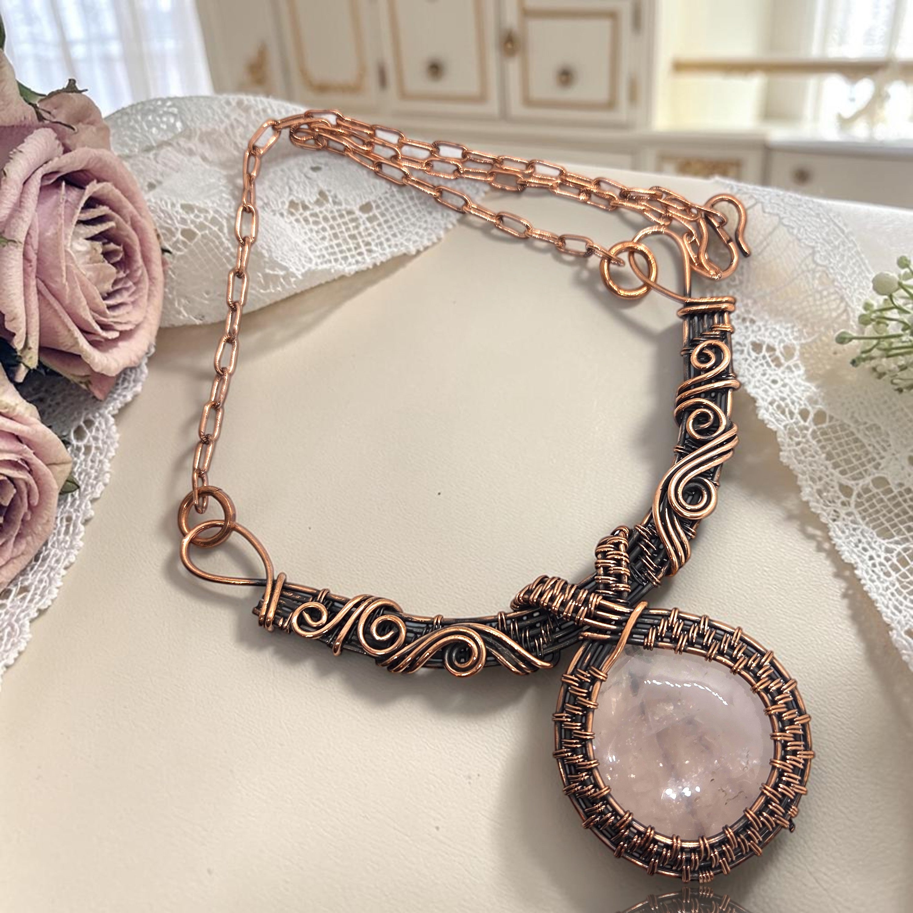 Copper Old World Natural Rose Quartz Wire Wrap Gemstone Necklace