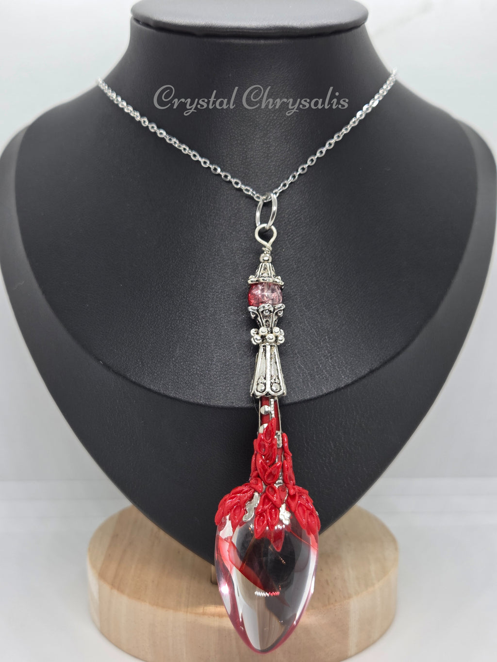 Handmade Old World Antique Silver Red Phantom Crystal Pendant Pendulum Necklace