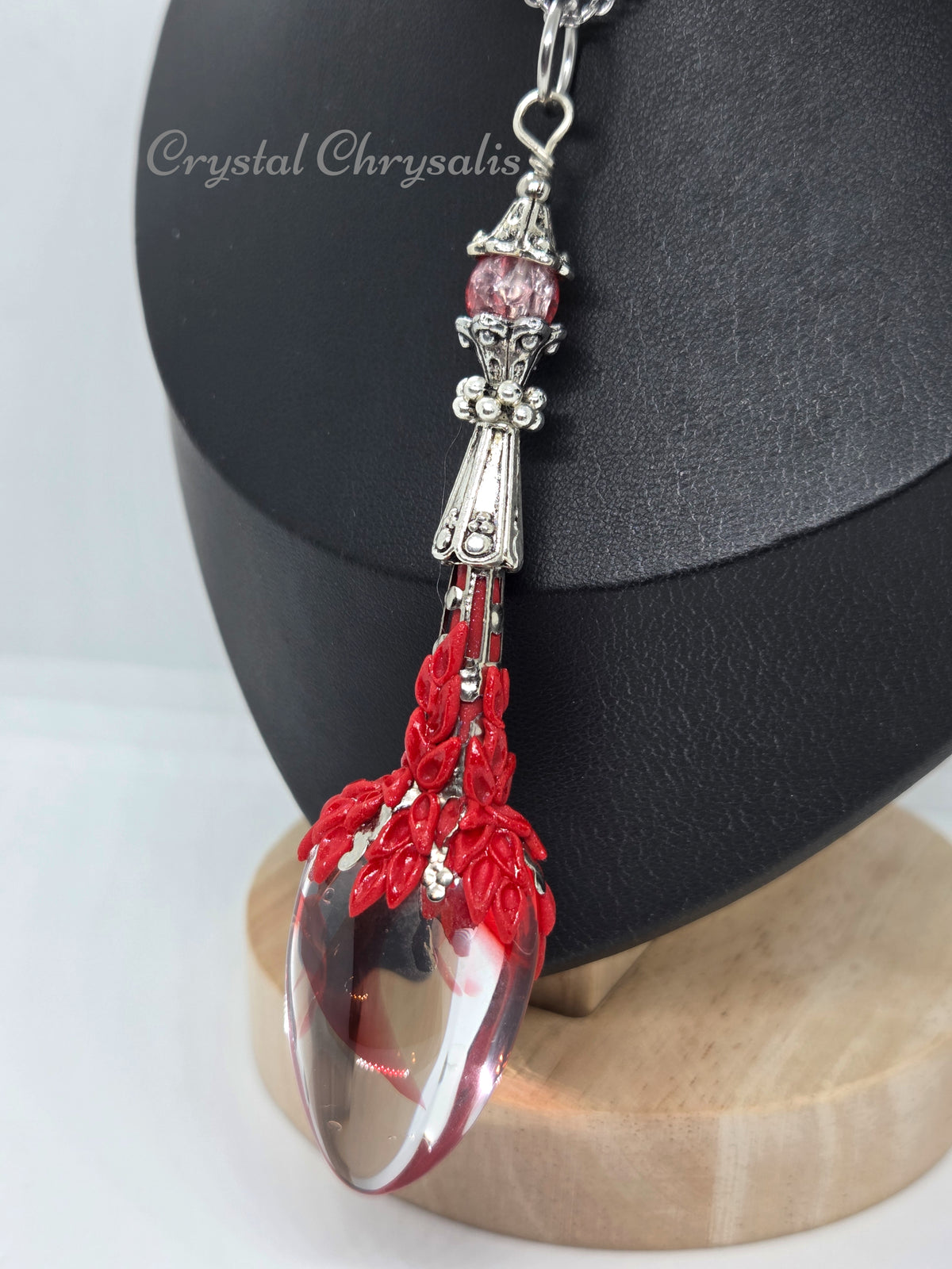 Handmade Old World Antique Silver Red Phantom Crystal Pendant Pendulum Necklace