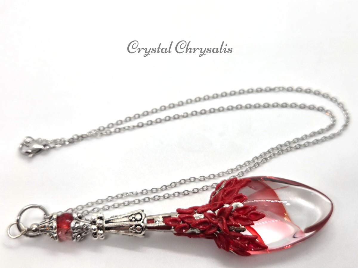 Handmade Old World Antique Silver Red Phantom Crystal Pendant Pendulum Necklace