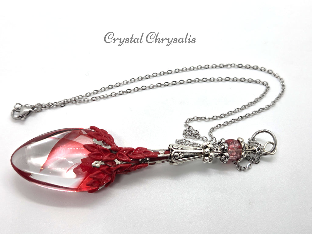 Handmade Old World Antique Silver Red Phantom Crystal Pendant Pendulum Necklace