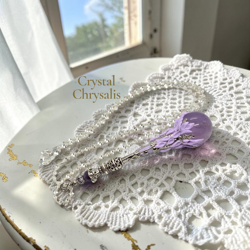 A purple crystal chrysanthis pendant with an ornate silver-toned bail, displayed on a white lace doily next to a strand of clear crystals. The text 'Crystal Chrysalis' is overlaid on the image.