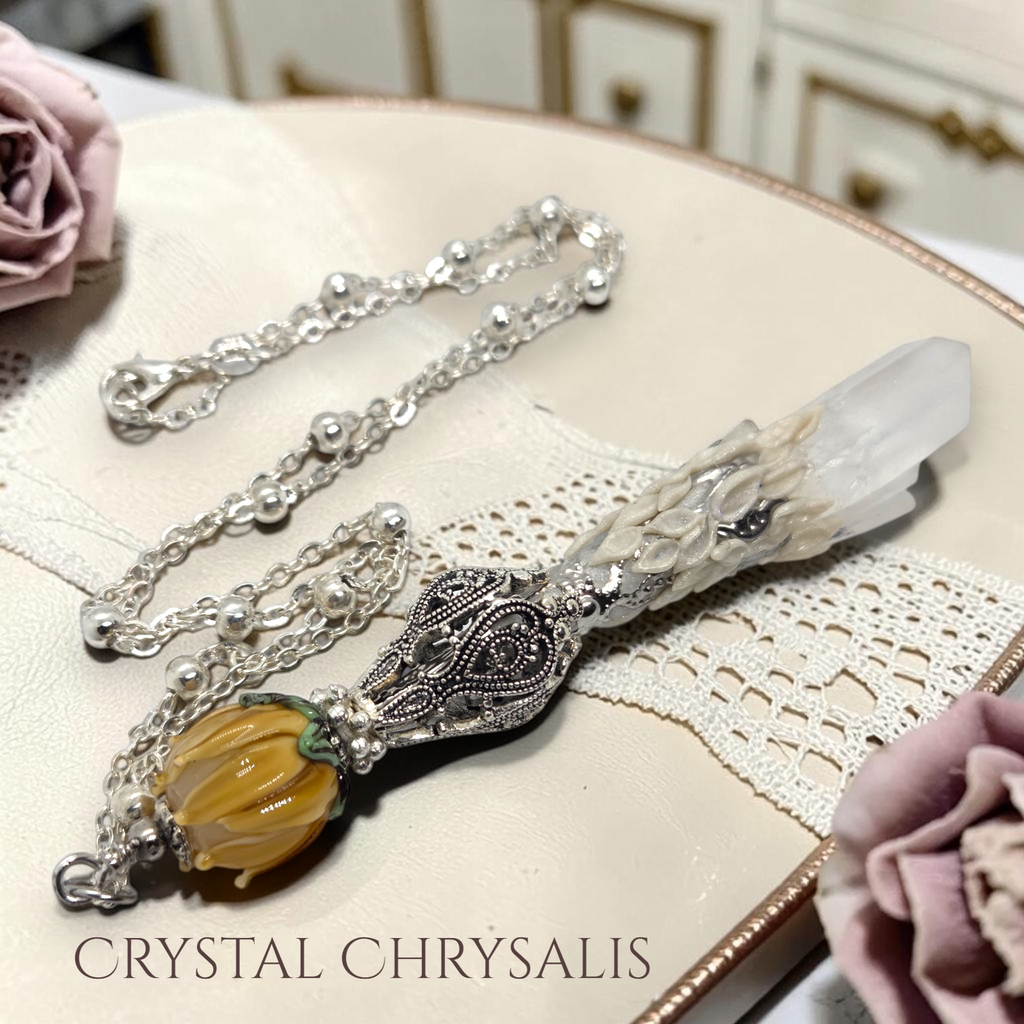 Old World Victorian Antique Silver Lotus Elestial Root Crystal Necklace