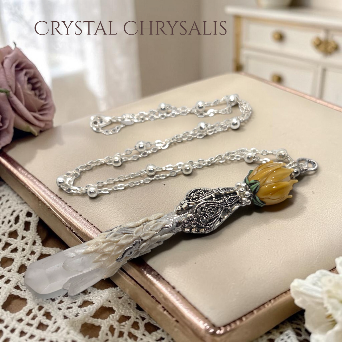 Old World Victorian Antique Silver Lotus Elestial Root Crystal Necklace