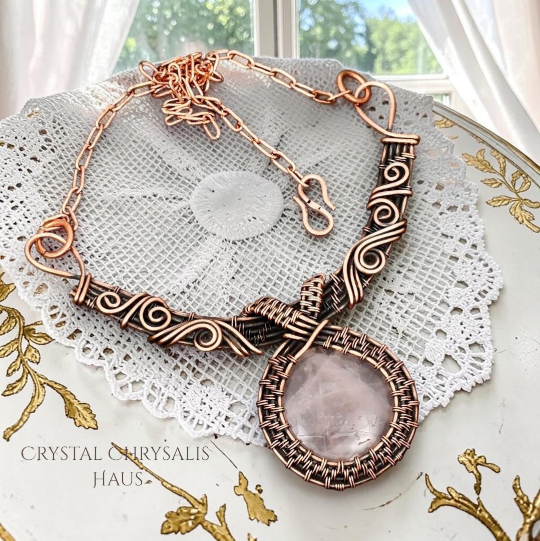Copper Old World Natural Rose Quartz Wire Wrap Gemstone Necklace