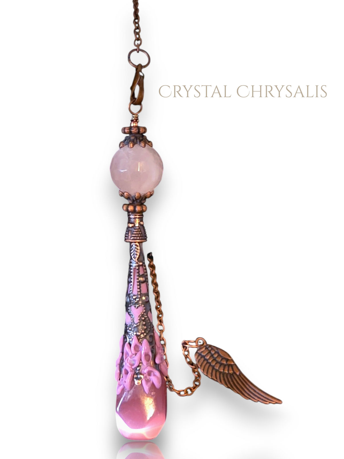 OOAK Handmade Antique Copper Facetted Pink Cats Eye Gemstone Pendulum