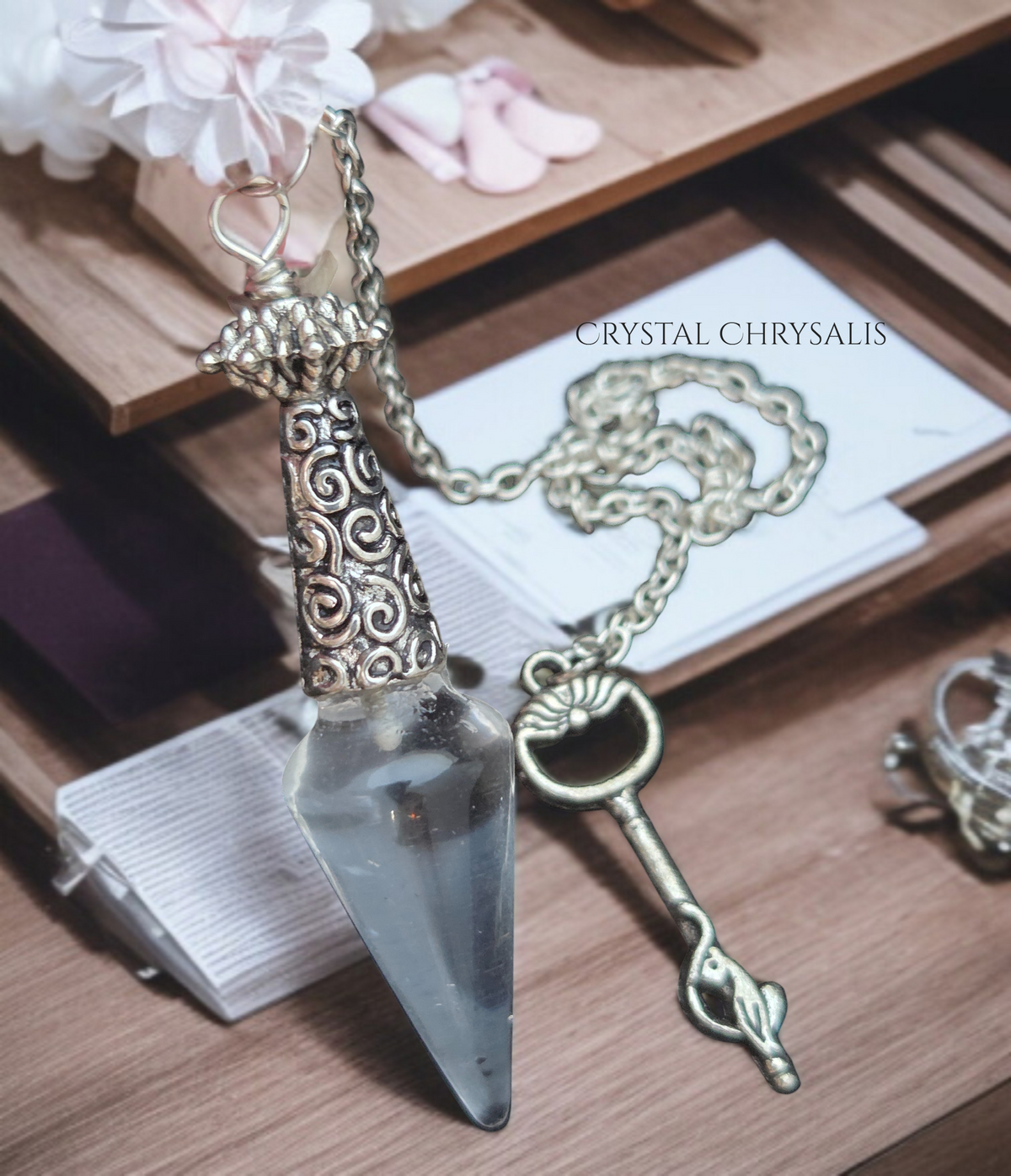 OOAK Handmade Antique Silver Crystal Clear Pendulum Point