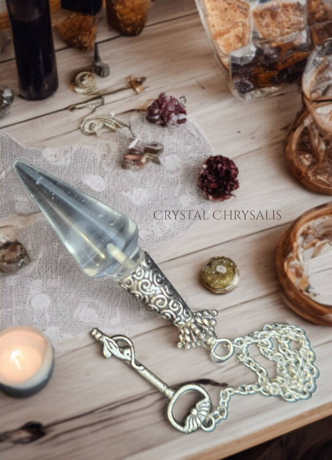 OOAK Handmade Antique Silver Crystal Clear Pendulum Point