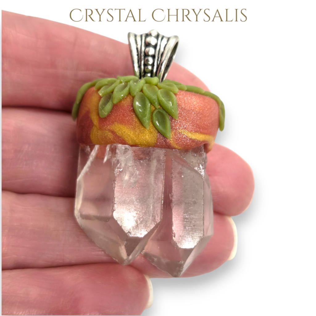 Handmade Antique Silver Natural Clear Quartz Crystal Twin Point Pendant