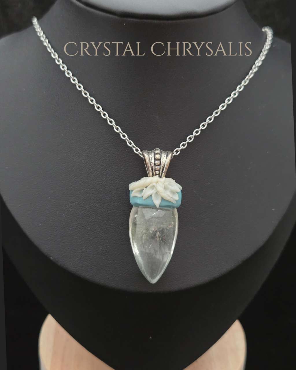 OOAK Silver Natural Green Ghost Quartz Crystal Pendant Necklace