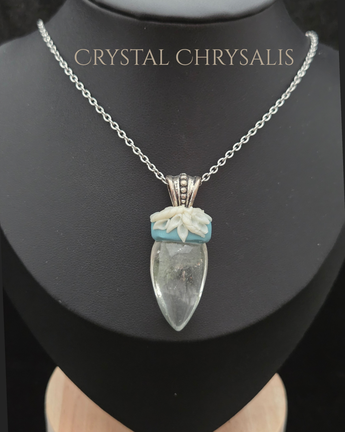 OOAK Silver Natural Green Ghost Quartz Crystal Pendant Necklace