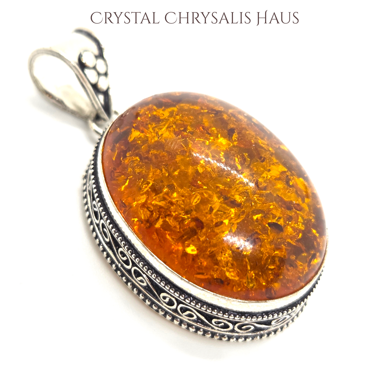 .925 Sterling Silver Large Old World Oval Amber Gemstone Pendant