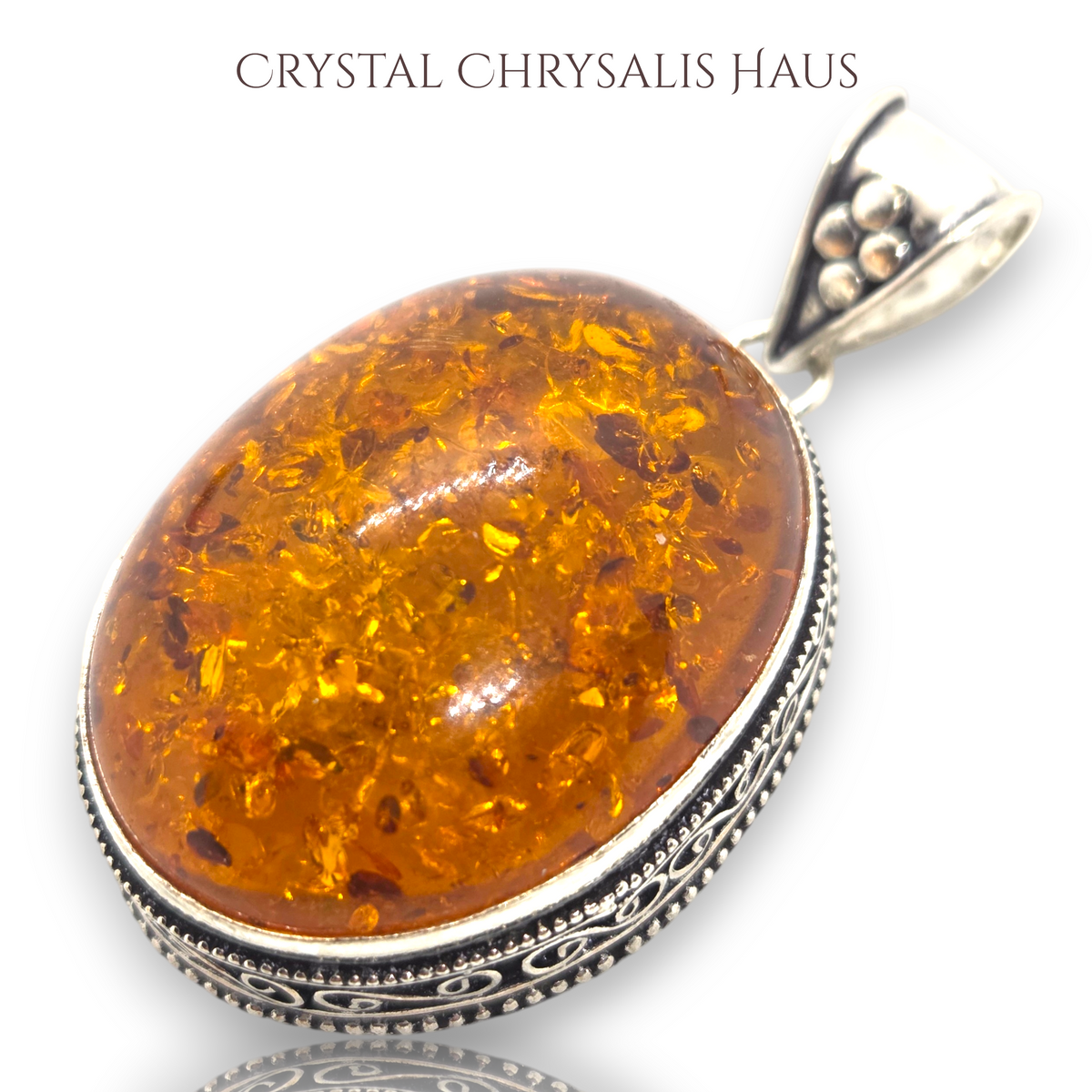 .925 Sterling Silver Large Old World Oval Amber Gemstone Pendant