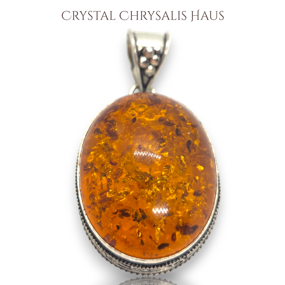 .925 Sterling Silver Large Old World Oval Amber Gemstone Pendant