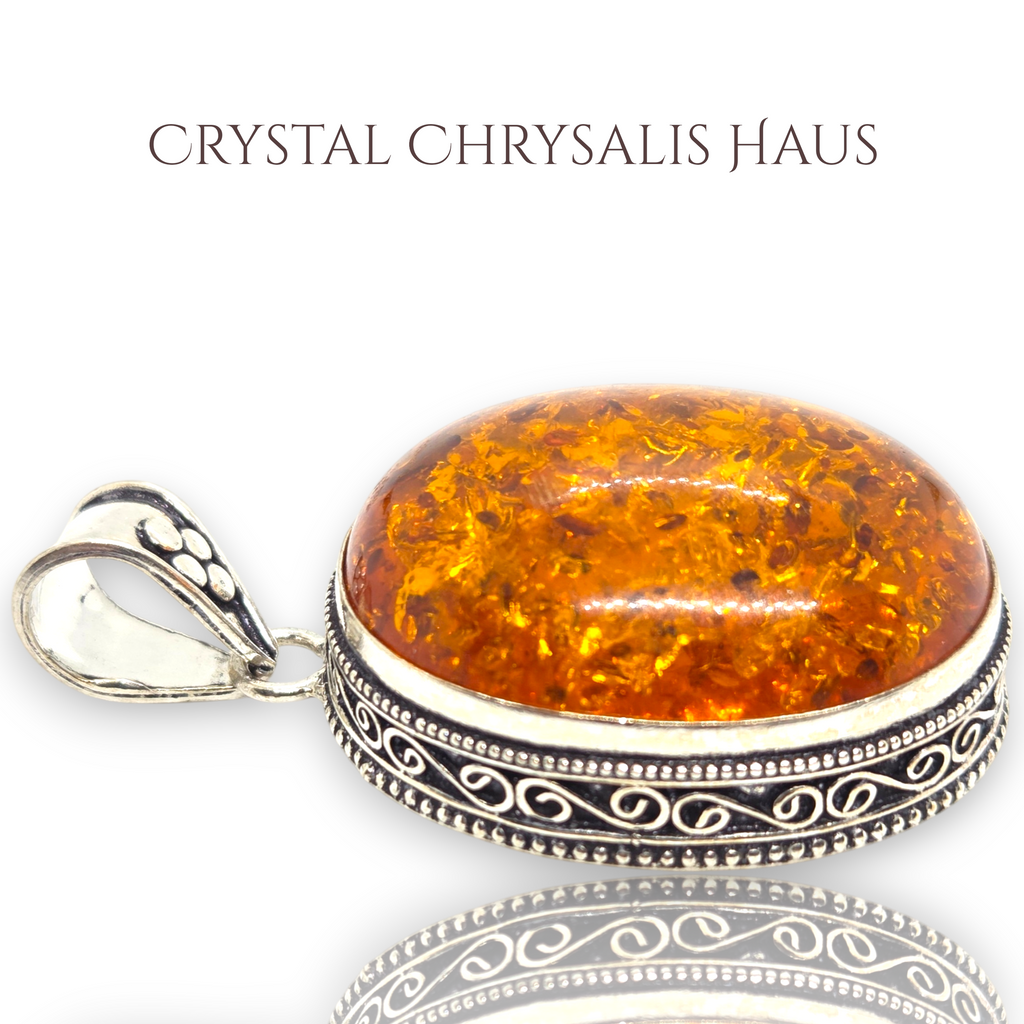 .925 Sterling Silver Large Old World Oval Amber Gemstone Pendant