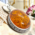 .925 Sterling Silver Large Old World Oval Amber Gemstone Pendant