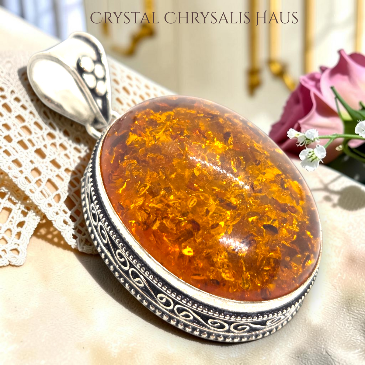 .925 Sterling Silver Large Old World Oval Amber Gemstone Pendant