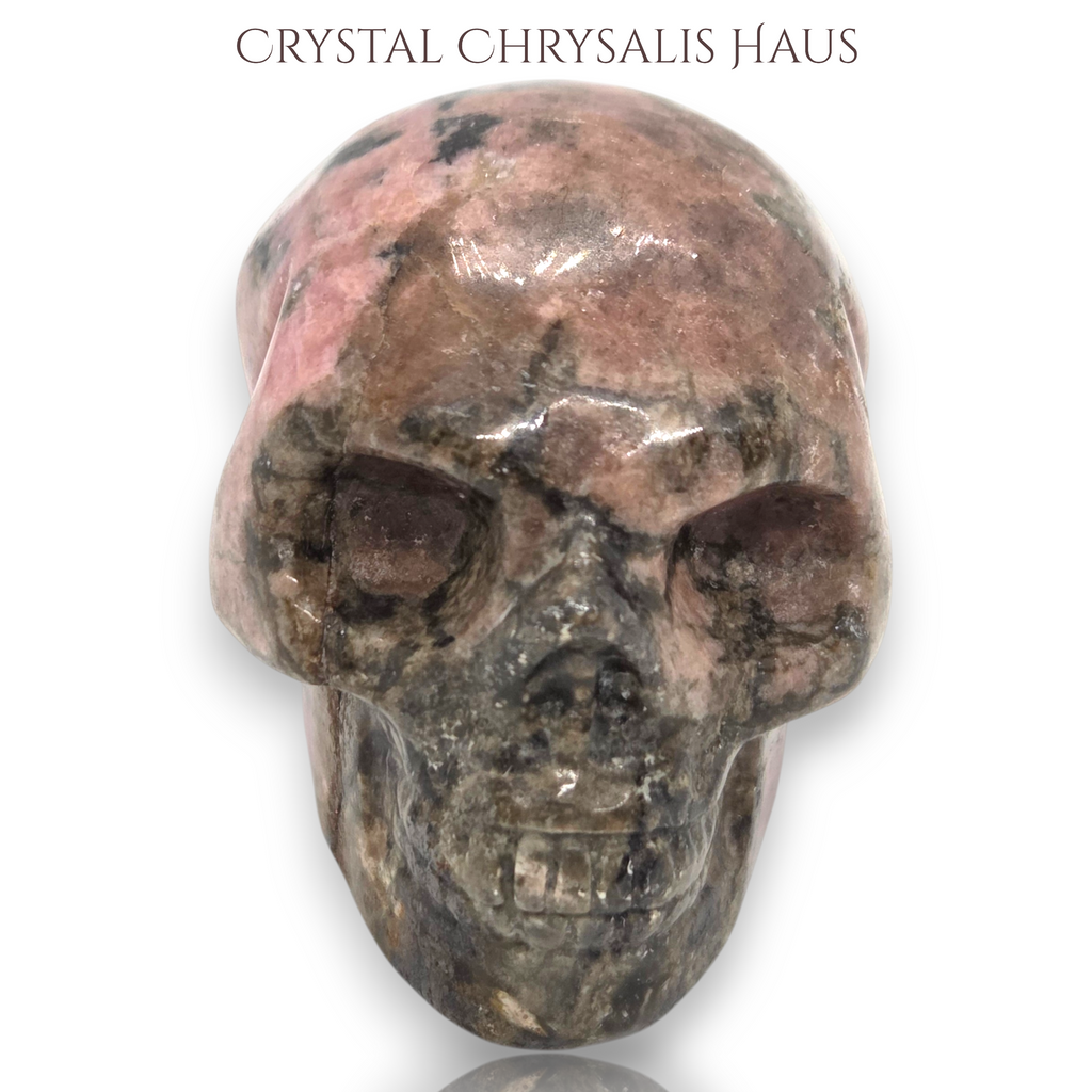 Natural Hand Carved Life Like Rhodonite Gemstone Skull
