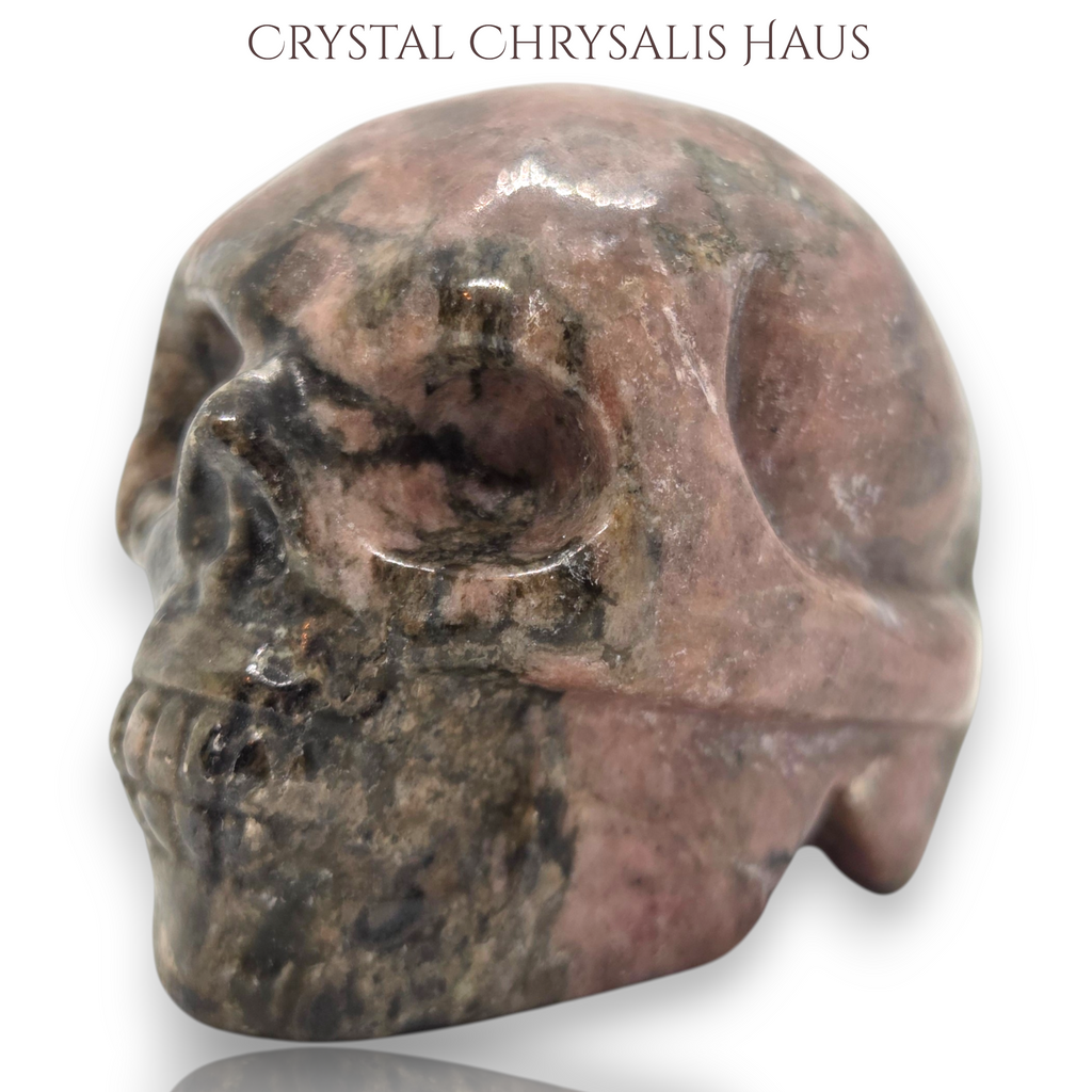 Natural Hand Carved Life Like Rhodonite Gemstone Skull