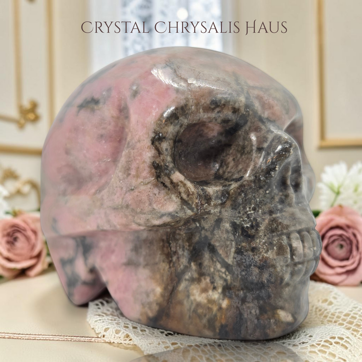 Natural Hand Carved Life Like Rhodonite Gemstone Skull
