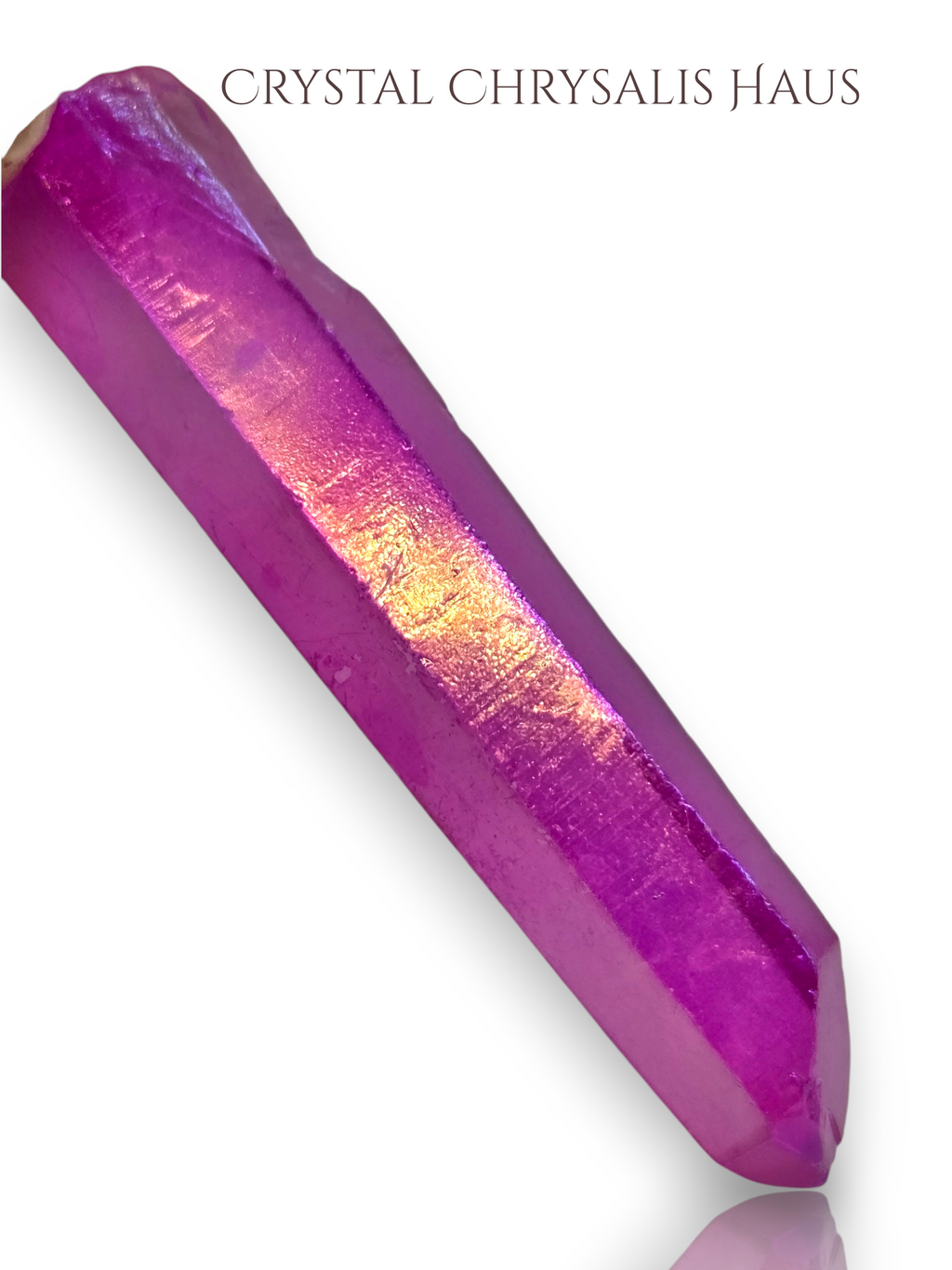 Natural Rainbow Pink Aura Clear Striated Lemurian Crystal Point Wand