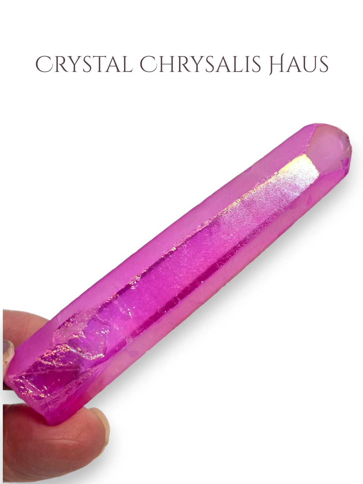 Natural Rainbow Pink Aura Clear Striated Lemurian Crystal Point Wand