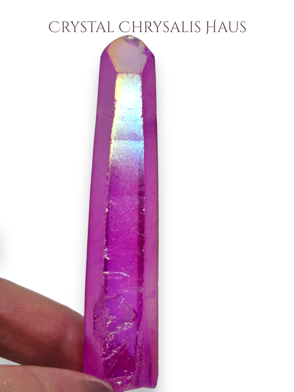 Natural Rainbow Pink Aura Clear Striated Lemurian Crystal Point Wand